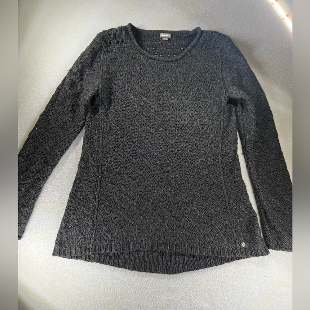 Eddie Bauer Sweater Womens Medium Black Lambs Wool Camel Hair Cable Knit